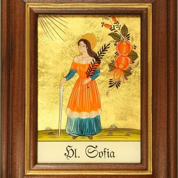 Hinterglasbild "Hl. Sofia" mit braun gebeizten Holzrahmen Legende des Heiligen Bildrückseite, ca. B 12,5 x H 16 cm