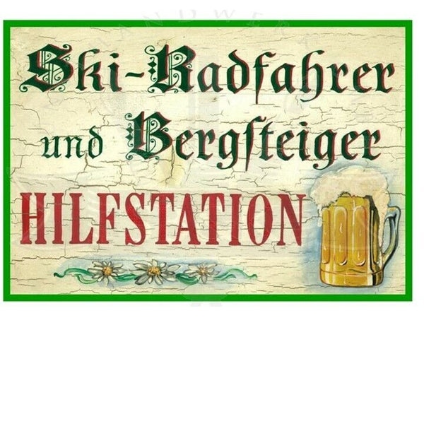 KuK Nostalgie Holzschild "Ski-Radfahrer und Bergsteiger Hilfstation"