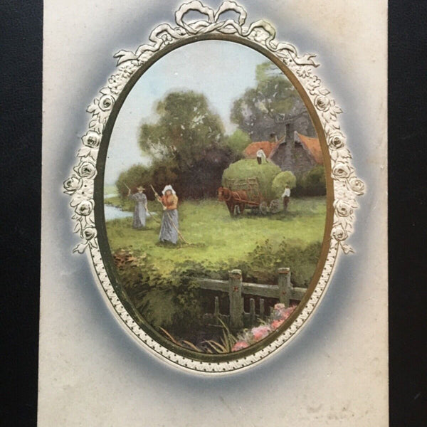 Feldarbeiter mit Rechen - Heuwagen - Spiegelform - Präge/Künstlerkarte 180127 TH