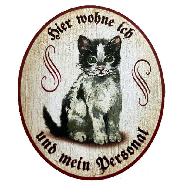 Kuk nostalgie holzschild "hier wohne ich und mein personal“ katze sw junges