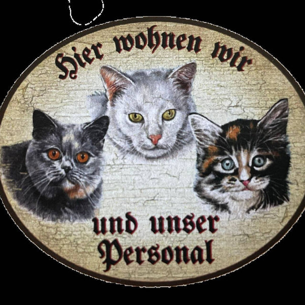 Kuk nostalgie holzschild “hier wohnen wir u.u. personal“ trio katze r.blau weiß