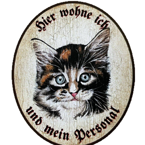 Kuk nostalgie holzschild "hier wohne ich und mein personal“  katze junges baby
