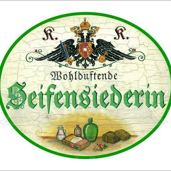 Kuk nostalgie holzschild - wohlduftende seifensiederin - flaschen öl th