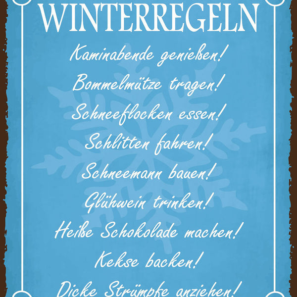 Schild Winter Regeln Schnee Schlitten Glühwein 12x18 20x30 30x40 Blech od. Holz