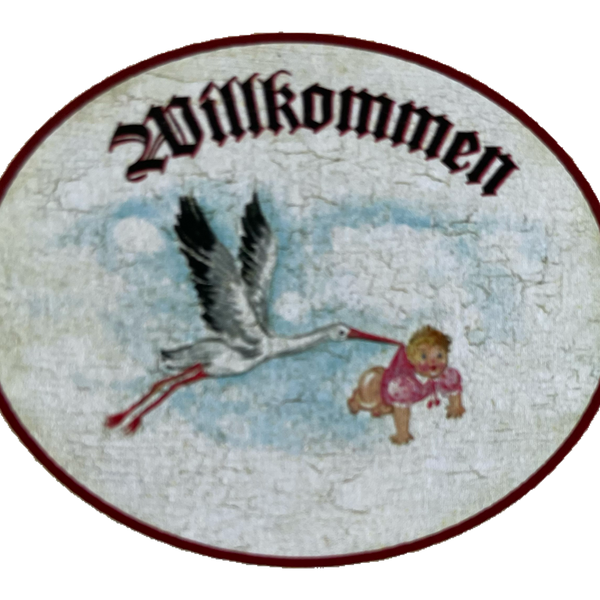 Nostalgie Holzschild Willkommen Storch Baby Geburt Kind Neugeborenes Schild