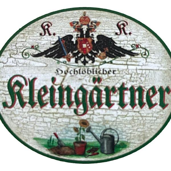 KuK Nostalgie Holzschild "Hochlöblicher Kleingärtner" Schaufel Blume Gießkanne