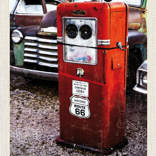 Schild Route 66 Zapfsäule Auto Oldtimer Highway USA 12x18 20x30 30x40 Blech/Holz