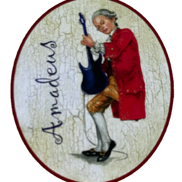 KuK Nostalgie Holzschild Amadeus Mozart E-Gitarre Musik Klassik Rock Pop Schild