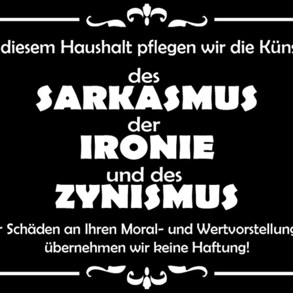 Schild Spruch In diesem Haushalt pflegen wir Sarkasmus Ironie Zynismus Moral JW