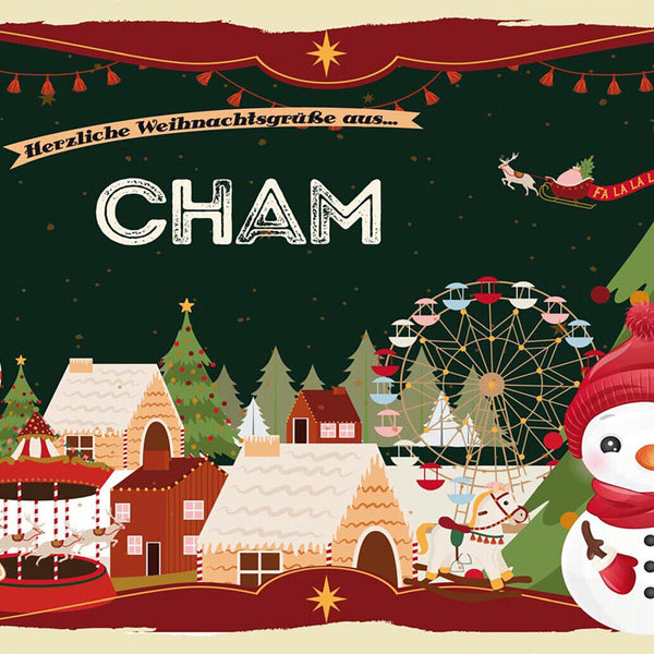 Schild Spruch Herzliche Weihnachtsgrüße aus Cham Comic Schneemann JW