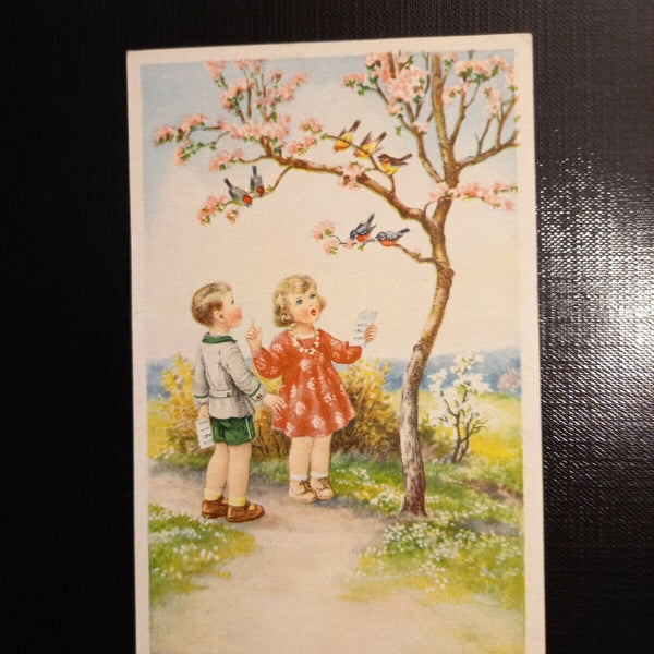 Mädchen und Bubmit mit Vögel - Glückwunschkarte 402286 gr