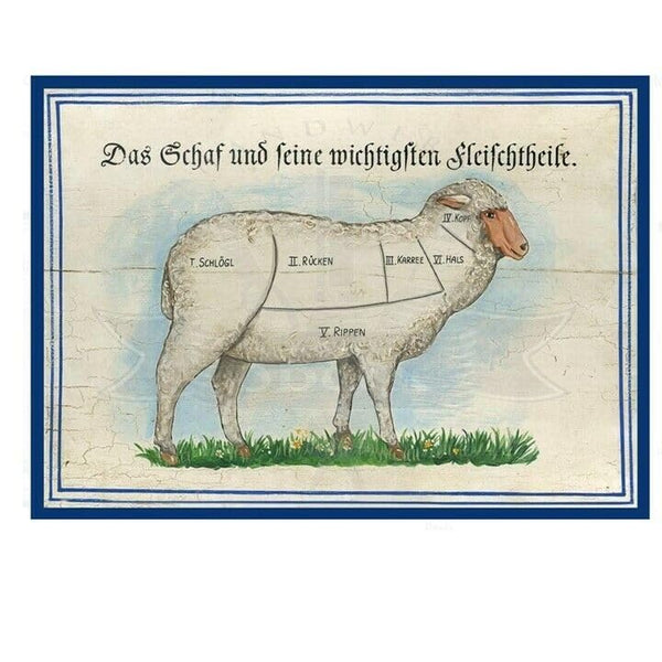 KuK Nostalgie Holzschild "Das Schaf und seine Fleischteile" (Größe: 19x23)