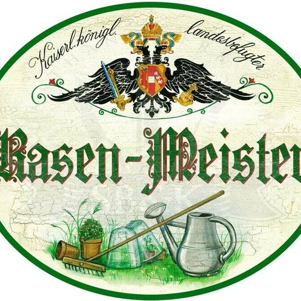 KuK Nostalgie Holzschild - Landesbefugter Rasen-Meister - Rechen Gießkanne TH (Größe: 14x17)