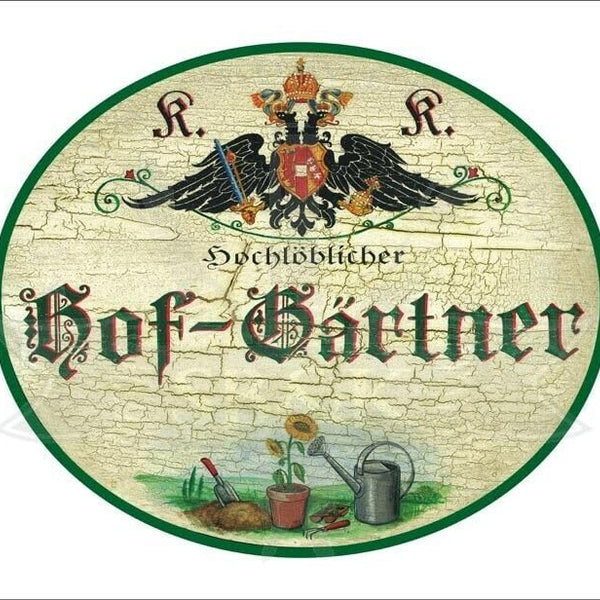 KuK Nostalgie Holzschild - Hochlöblicher Hof-Gärtner - Sonnenblume Gießkanne TH (Größe: 14x17)