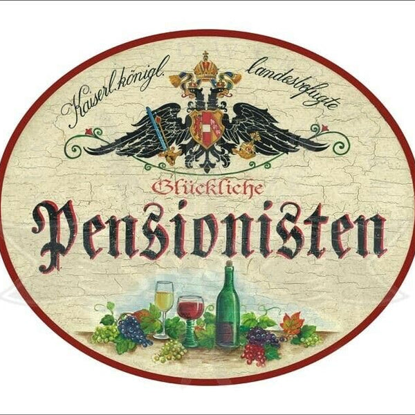 KuK Nostalgie Holzschild - Landesbef. Glückliche Pensionisten - Weingläser TH (Größe: 19x23)