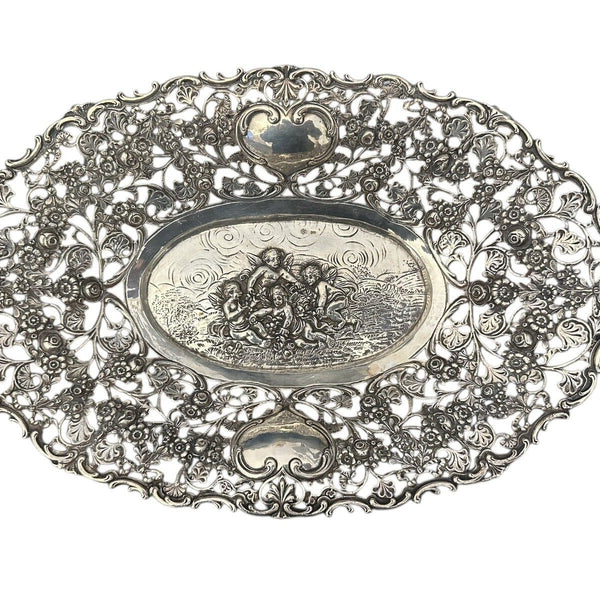 800 Silber Schale Relief Durchbruch Putte Engel Halbmond Krone 324 g 29x19 cm X9