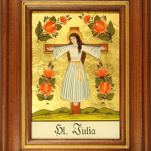 Hinterglasbild Hl. Julia v. Karth Holzrahmen  Legende des Heiligen Bildrückseite, ca. B 12,5 x H 16 cm