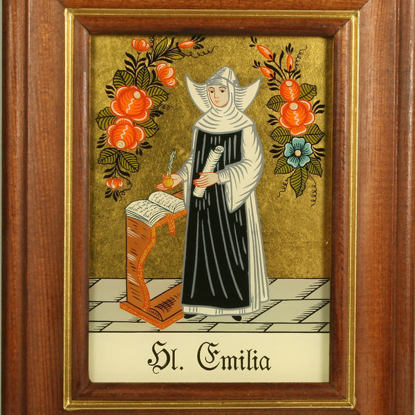 Hinterglaswerkstätten - Hinterglasbild/Patronatsbild Hl. Emilia mit braun gebeizten Holzrahmen, handbemalt mit Legende des Heiligen auf der Bildrückseite, ca. B: 12,5 x H: 16 cm