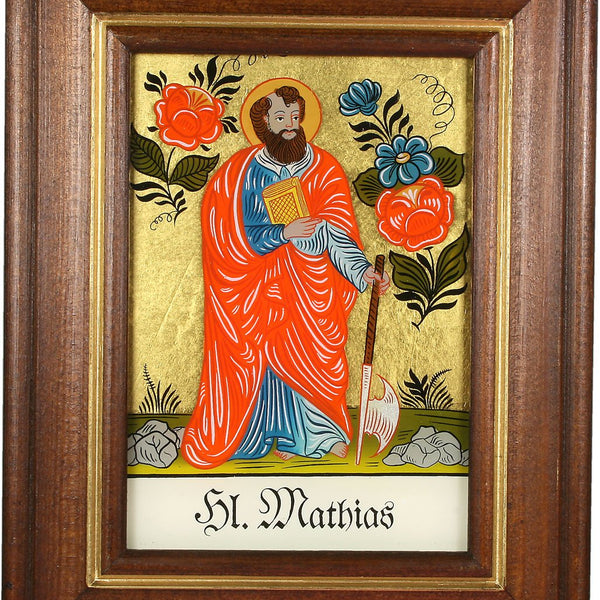 Hinterglaswerkstätten - Hinterglasbild/Patronatsbild Hl. Mathias mit braun gebeizten Holzrahmen, handbemalt mit Legende des Heiligen auf der Bildrückseite, ca. B: 12,5 x H: 16 cm