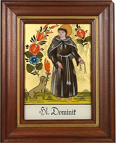 Hinterglasbild Hl. Dominik Holzrahmen Legende des Heiligen auf der Bildrückseite, ca. B 12,5 x H 16 cm
