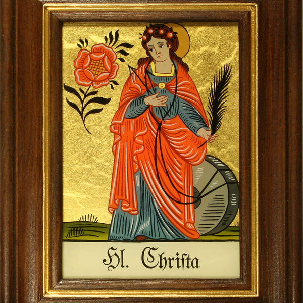 Hinterglaswerkstätten - Hinterglasbild/Patronatsbild Hl. Christa mit braun gebeizten Holzrahmen, handbemalt mit Legende des Heiligen auf der Bildrückseite, ca. B: 12,5 x H: 16 cm
