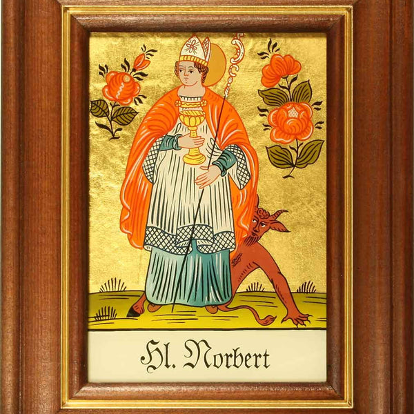 Hinterglaswerkstätten - Hinterglasbild/Patronatsbild Hl. Norbert mit braun gebeizten Holzrahmen, handbemalt mit Legende des Heiligen auf der Bildrückseite, ca. B: 12,5 x H: 16 cm