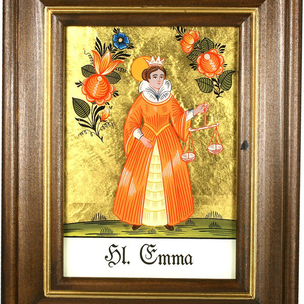 Hinterglaswerkstätten - Hinterglasbild/Patronatsbild Hl. Emma mit braun gebeizten Holzrahmen, handbemalt mit Legende des Heiligen auf der Bildrückseite, ca. B: 12,5 x H: 16 cm
