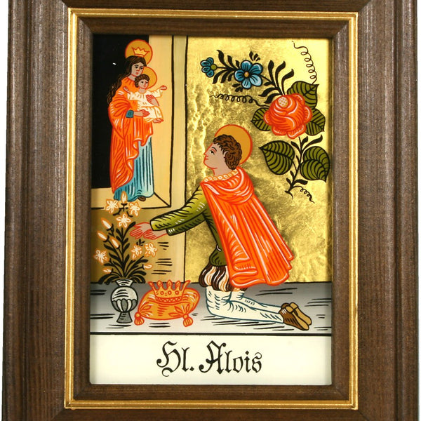 Hinterglasbild Hl. Alois mit braun gebeizten Holzrahmen Legende des Heiligen Bildrückseite ca. B 12,5 x H 16 cm