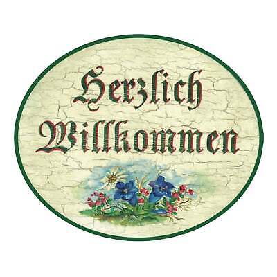 K&K Nostalgie Holzschild Herzlich Willkommen Alpenblume