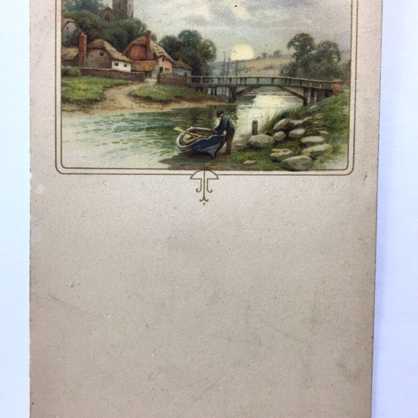 Mann bei Ruderboot - Dorf mit Brücke über Fluss - Künstlerkarte 40222 TH