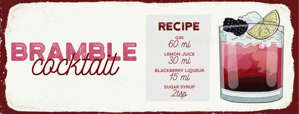 Schild Bramble Cocktail Rezept Bar Alkohol Drink Gin Likör 27x10 Blech od.Holz
