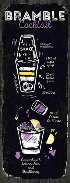 Schild Bramble Cocktail Rezept Bar Alkohol Shake Drink 27x10 Blech od.Holz