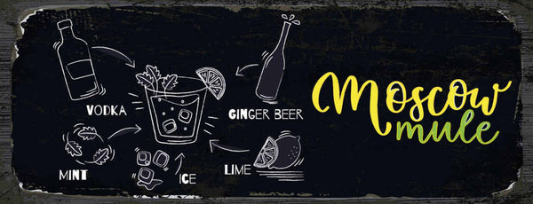Schild Moscow Mule Cocktail Rezept Bar Alkohol Drink Wodka 27x10 Blech od.Holz