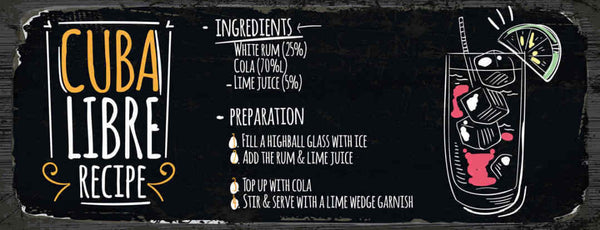 Schild Cuba Libre Cocktail Rezept Bar Alkohol Drink Rum Cola 27x10 Blech od.Holz