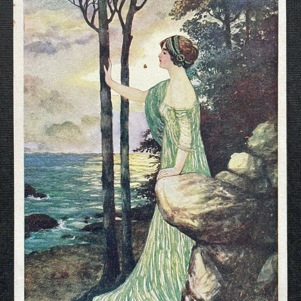 Malerei Erwartungsvoll U.Roland Frau Kleid Ufer Meer Baum Haarschmuck 400286 A