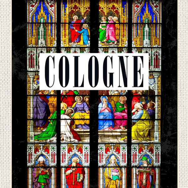 Schild Spruch Cologne Germany Köln Deutschland Kirche Mosaikfenster bunt JW