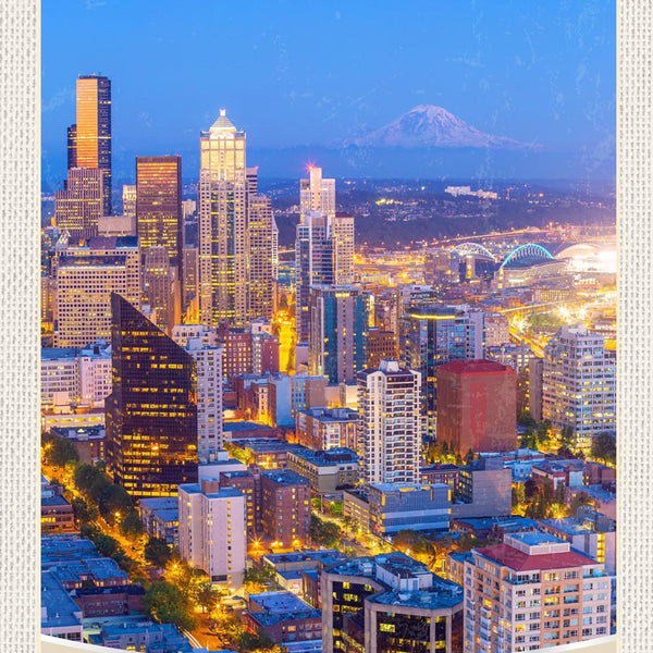 Schild Spruch Seattle USA Stadt Nacht Hochhäuser Berg JW
