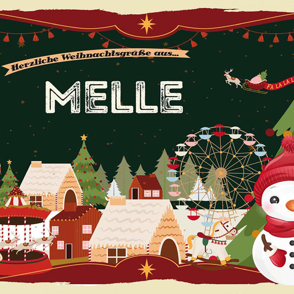 Schild Spruch Herzliche Weihnachtsgrüße aus Melle Comic Schneemann JW