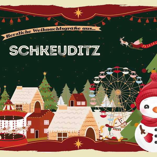 Schild Spruch Herzliche Weihnachtsgrüße aus Schkeuditz Comic Schneemann JW
