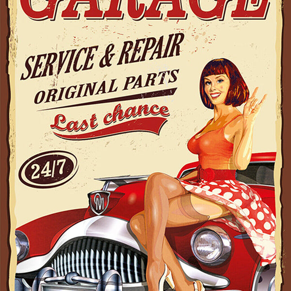 Schild Spruch Garage Service and Repair Frau Sexy Comic Auto Werkstatt JW
