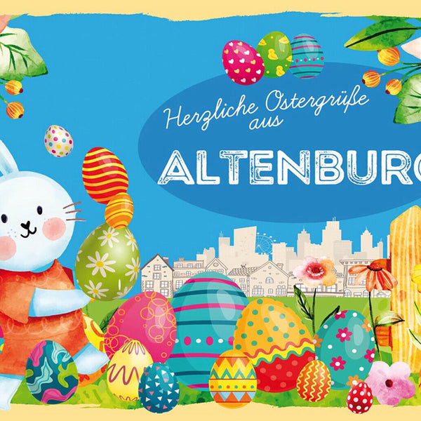 Schild Spruch Herzliche Ostergrüße aus Altenburg Osterhase Eier Comic JW