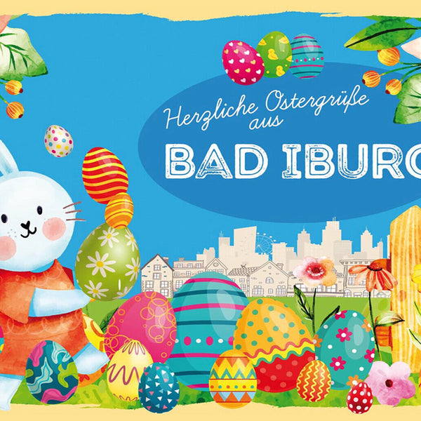 Schild Spruch Herzliche Ostergrüße aus Bad Iburg Osterhase Eier Comic JW
