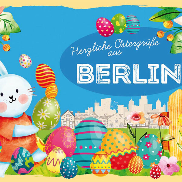 Schild Spruch Herzliche Ostergrüße aus Berlin Osterhase Eier Comic JW