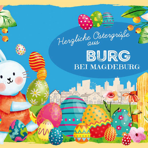 Schild Spruch Herzliche Ostergrüße aus Burg bei Magdeburg Osterhase Comic JW
