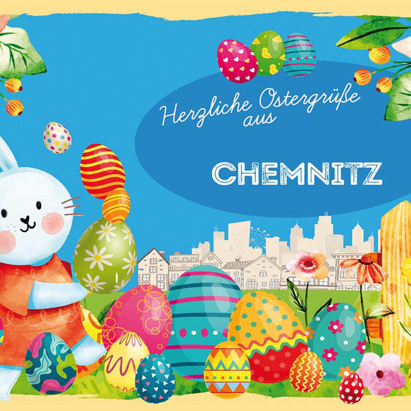 Schild Spruch Herzliche Ostergrüße aus Chemnitz Osterhase Eier Comic JW