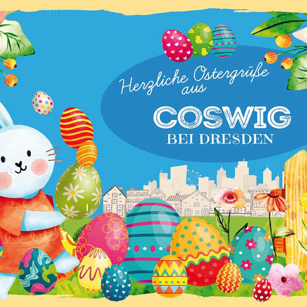 Schild Spruch Herzliche Ostergrüße aus Coswig bei Dresen Osterhase Comic JW