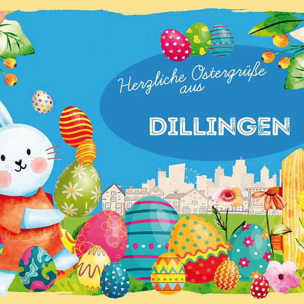 Schild Spruch Herzliche Ostergrüße aus Dillingen Osterhase Eier Comic JW