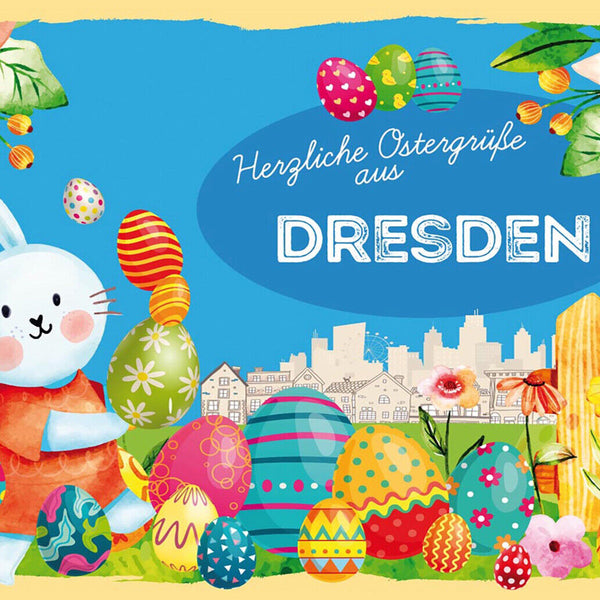 Schild Spruch Herzliche Ostergrüße aus Dresden Osterhase Eier Comic JW