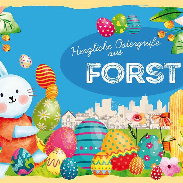 Schild Spruch Herzliche Ostergrüße aus Forst Osterhase Eier Comic JW