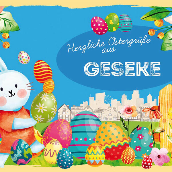 Schild Spruch Herzliche Ostergrüße aus Geseke Osterhase Eier Comic JW